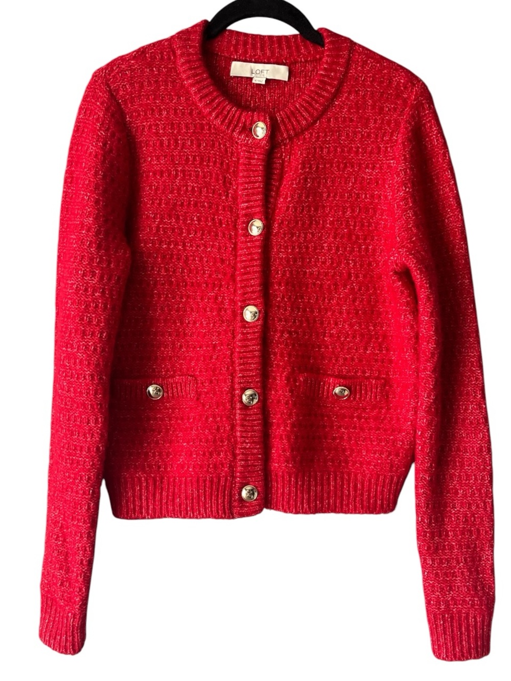 LOFT Red Textured Button-Front Cardigan with Gold Buttons Wool Blend S